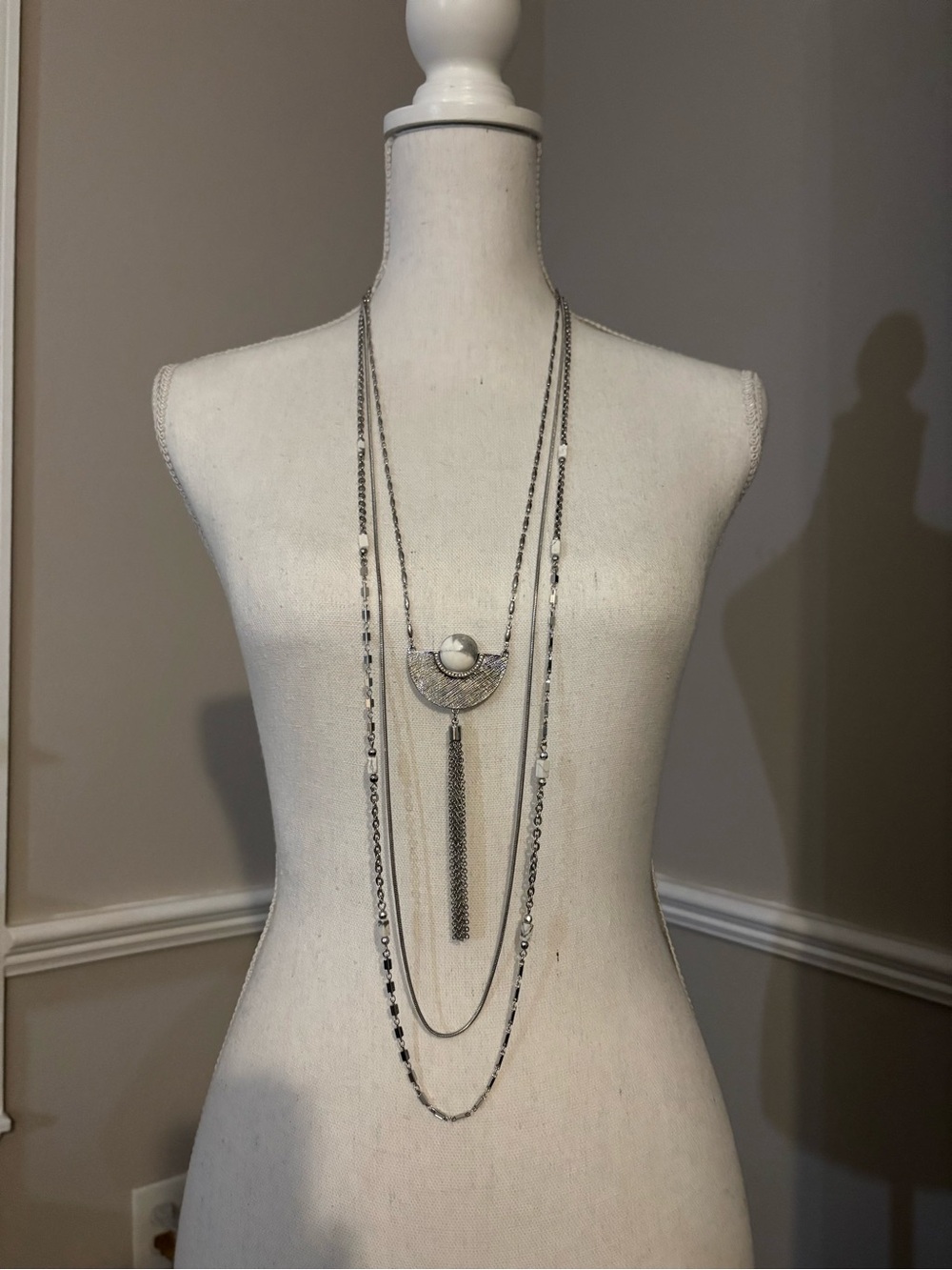 White House Black Market Silver Multi-Layer Tassel Pendant Necklace